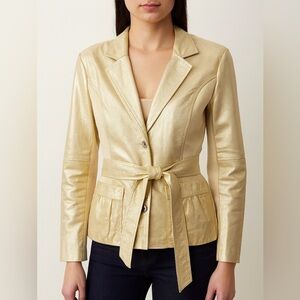 One Girl Who Gold Metallic Leather + Knit Belted Jacket Size S/M Cream Chic